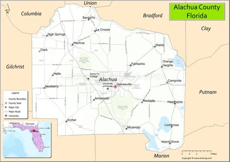 Map of Alachua County, Florida showing cities, highways & important places. Check Where is Alachua County Located, largest cities, population, areas, and travel info at Whereig.com. Time Zone Map, States And Capitals, Organizational Structure, County Map, United States Map, Broward County, Country Maps, Usa Map, U.s. States