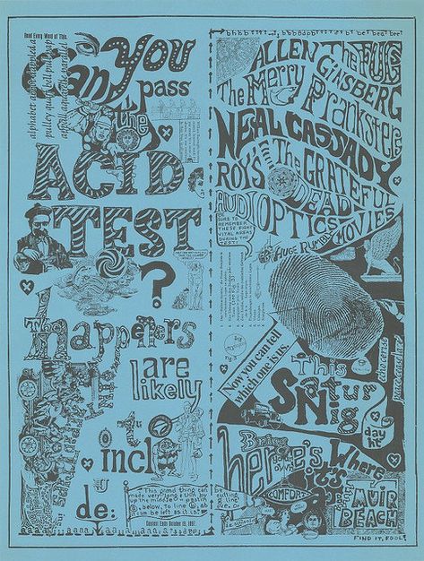 The Fugs, The Grateful Dead, Allen Ginsberg, Can You Pass the Acid Test ? Paul Foster "Acid Test" Concert Poster for Muir Beach Dec. 11, 1965 Stanley Mouse, Test Posters, Merry Pranksters, Muir Beach, Ken Kesey, Hippie Posters, Pop Art Images, Vintage Concert Posters, Allen Ginsberg