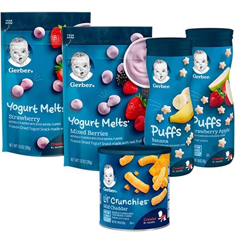 Baby Healthy Food, Baby First Finger Foods, Snacks For Baby, Gerber Snacks, First Finger Foods, Yogurt Melts, Yogurt Snacks, Baby Puffs, Banana Snacks