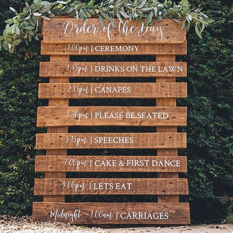 Wedding Pallet, Pallet Wedding Signs, Order Of The Day Wedding, Rustic Wedding Seating, Fall Barn Wedding, Pallet Wedding, Shop Vinyl, Rustic Modern Wedding, Outdoor Wedding Inspiration