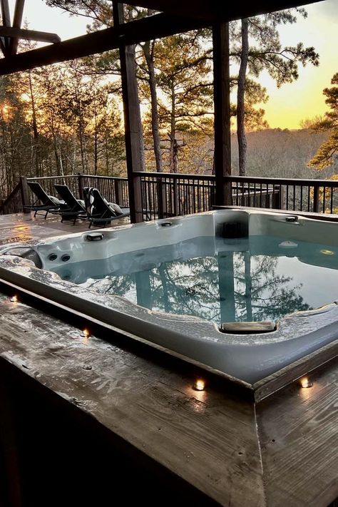 Wow! THIS is relaxation at it's finest! Watch the sunset while sipping wine in the huge hot tub at the Mimosa Terrace Cabin. You can also play cornhole on or watch the big game on the outdoor tv. And that'd just what you can do on the deck! The inside has even more to offer. Hot Tub On Deck, Deck With Hot Tub, Watch The Sunset, Outdoor Tv, Big Game, Game On, The Sunset, In The Mountains, Mimosa