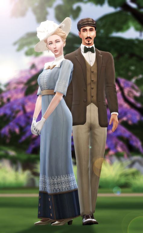 Sims 4 1910s Cc, Edwardian Couple, 1890 Dress, 1910 Dress, 1900 Dress, Blush Hair, Sims 4 Decades Challenge, Edwardian Hairstyles, Sims Stories