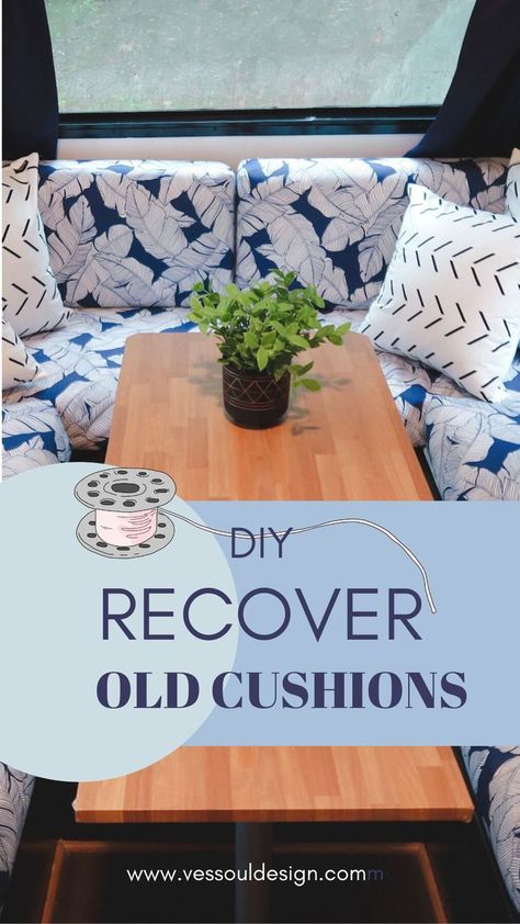 I wanted to recover these old RV cushions, but didn't want to go through the struggle of zippers. Made these pocket covers and you can too! Recovering Sofa Cushions, Reupholster Rv Cushions, Rv Cushion Covers Diy, Covering Camper Cushions, Recovering Rv Dinette Cushions, Diy Camper Cushion Covers, Rv Cushion Covers, Rv Couch Cover, Reapolstering Camper Cushions Diy