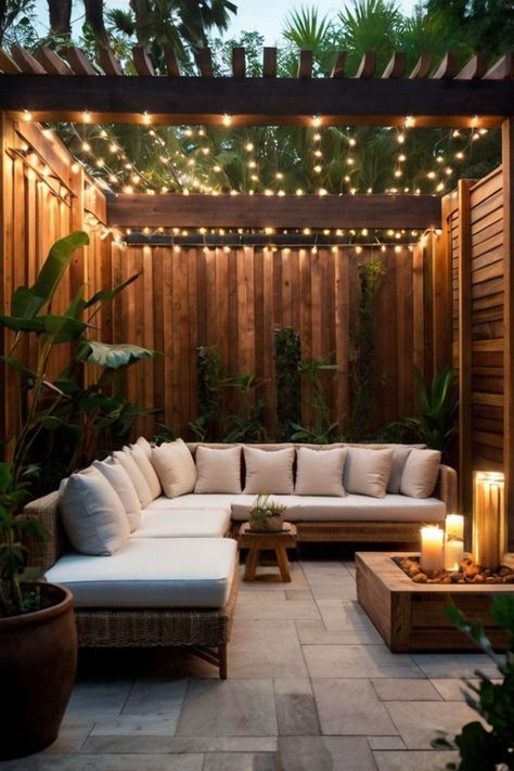 Chic patio space with rattan furniture and vibrant greenery. Outdoor Pergola Ideas Backyards, Outdoor Pergola Ideas, Fire Pit Pergola, Chic Backyard, Rattan Patio Furniture, Mini Pool, Cozy Backyard, Garden Fire Pit, Budget Backyard