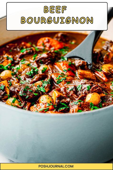 Try our easy Beef Bourguignon. This French beef stew in a red wine sauce is one of the easiest French recipes to make at home. French Beef Bourguignon Slow Cooker, Italian Beef Dishes, Pork Bourguignon, Beef Bourginon, French Stew, Easy Beef Bourguignon, Beef Burgundy Recipe, Beef Birria Recipe, French Beef Stew