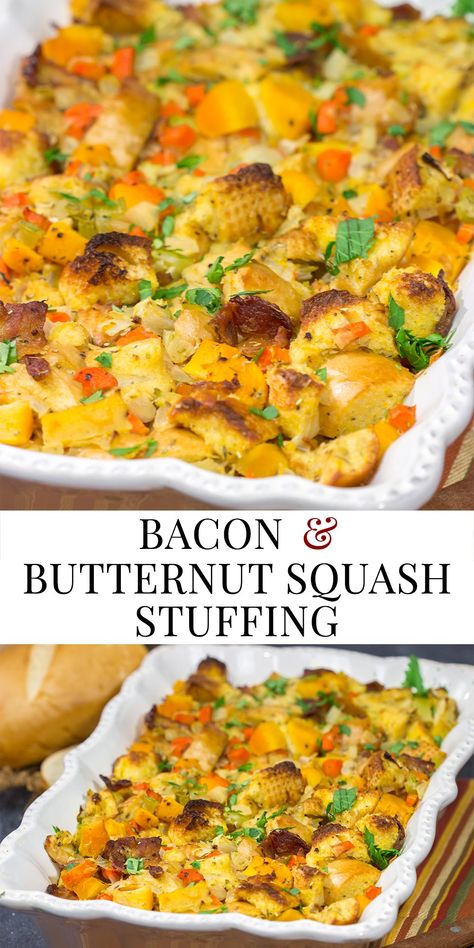 Butternut Squash Stuffing, Squash Stuffing, Bacon Stuffing, Butternut Squash Casserole, Sweet Potato Thanksgiving, Yummy Casserole Recipes, Autumn Side Dishes, Yummy Fall Recipes, Stuffing Recipes