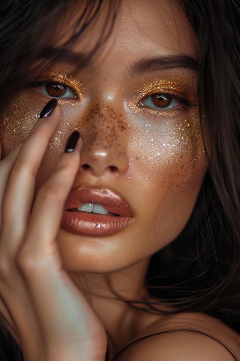 Silver Gold Makeup Look, Gold Sparkle Eyeshadow, Shine Makeup Look, Leo Rising Makeup Looks, Gold Accent Makeup, Golden Fairy Makeup, Gold Rave Makeup, Gold Makeup Brown Eyes, Shimmer Photoshoot