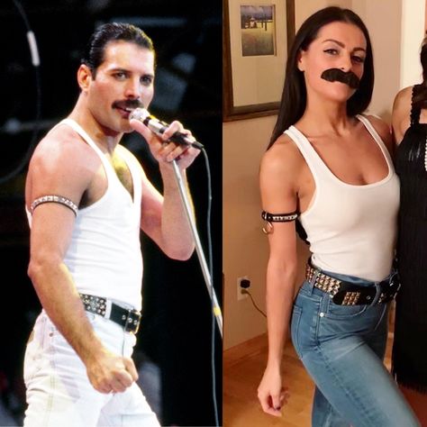 Celeb Costumes Ideas, Iconic People Halloween Costumes, Female Freddie Mercury Costume, Freddy Mercury Halloween Costumes, Iconic Celebrity Moments, Freddy Mercury Costume Women, Pop Culture Costumes 2023, Freddie Mercury Costume Woman, Pixie Cut Halloween Costumes