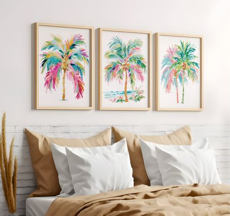 Palm Tree Wall Decor, Tropical Boho Bedroom, Airbnb Furniture, Palm Tree Artwork, Tropical Artwork, Soothing Bedroom, Palm Tree Wall, Tropical Trees, Tropical Bathroom