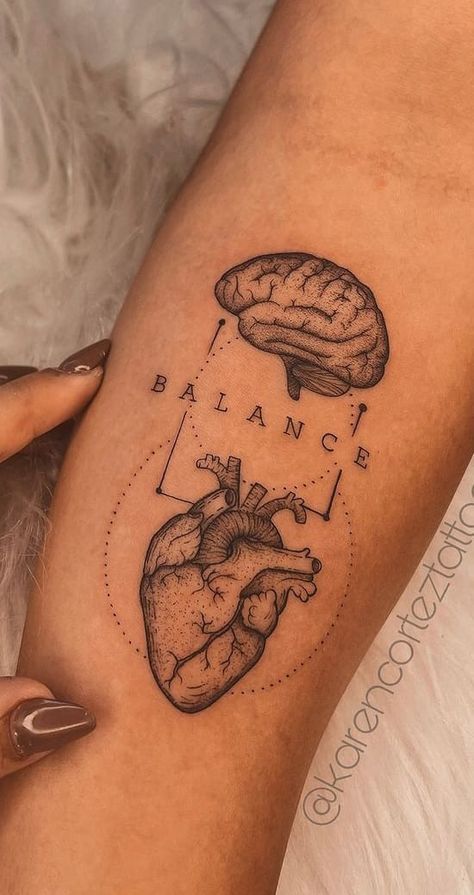 Fitness Inspired Tattoos, Narcissistic Tattoo Ideas, Brain Vs Heart Tattoo, Education Tattoo Ideas, Timeline Tattoo Ideas, Tattoo Ideas Universe, Gut Tattoo, Split Personality Tattoo, Schematic Tattoo