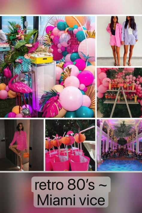 Bachelorette party theme idea retro 80s miami vice themed party flamingos neon #bachelorette #bachelorettepartyideas #hendo #engagement #party #partythemes #miami #retro #80s Bachelorette Party 80's Theme, Miami Vice 80s Theme Party, Miami Costume Party, Miami Theme Party Table Decorations, Neon Hens Party, Bachelorette 80s Theme, 80s Hen Party, Miami Party Theme Decor, Miami Vice Prom Theme