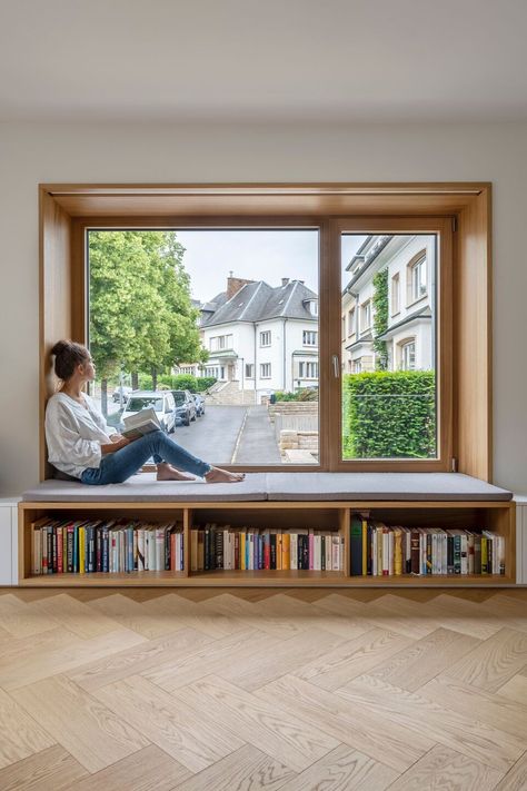 Timber Window Seat, Window At End Of Hallway, Large Sliding Windows, Window Bench With Table, Reading Nook Bench Seat, Dressing A Bay Window, Boho Window Seat, Small Window Seat Ideas, Window Seat In Bedroom