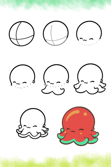 How to draw - step by step for kids. Octopus . #drawingideas #kawaiidrawing #kawaii #stepbystepdrawing #easy #art #artwork #beginner #tutorial #cartoon #learntodraw #learn #christmas #aesthetic #frog #cutedrawing #animals #kidsactivities #activities #simple #snailmailideas #octopus #drawing #draw #kidsactivity #painting #paintingart #illustration #sketchbook How To Draw A Cute Axolotl Step By Step, How To Draw Cute Kawaii, Chibi Animal Tutorial, Cute Octopus Drawing Easy, Easy To Draw Animals Step By Step, Kawaii Tutorial Drawing, Drawing Kawaii Animals, Kawaii Drawing Tutorial, How To Draw Cute Animals Step By Step