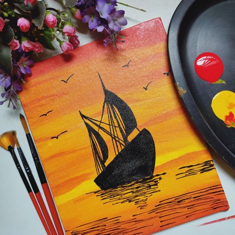 Yellow and red acrylic Painting ship painting Red And Orange Painting Ideas, Red And Yellow Painting Ideas, Easy Acrylic Painting Ideas Square Canvas, Heavenly Scenery, Scenery Canvas Painting, Red Acrylic Painting, Diy Wall Collage, Painting Ship, Pencil Arts