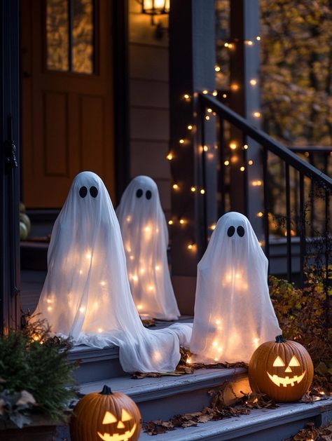 8 DIY Outdoor Halloween Decorations to Try This Year Fun Halloween Yard Decorations, Cute Ghost Outdoor Decor, Ghost Lawn Decoration, Halloween Outdoor Ghosts, Easy Halloween House Decor, Pathway Halloween Decorations, Quick Halloween Decorations Outside, Halloween House Outdoor Decorations, Outdoor Fall Halloween Decor