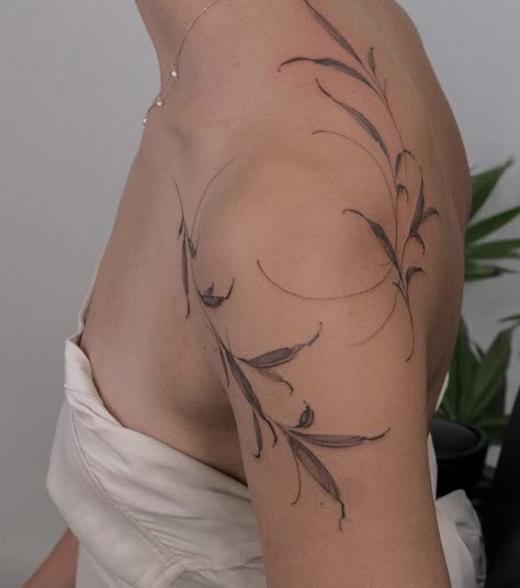 Leaf Tattoo On Back, Shoulder Foliage Tattoo, Body Framing Tattoos, Around The Shoulder Tattoo, Ethereal Tattoos Back, Wispy Tattoos For Women, Fine Line Shoulder Tattoos For Women, Shoulder Leaf Tattoo, Shoulder Wrap Tattoo