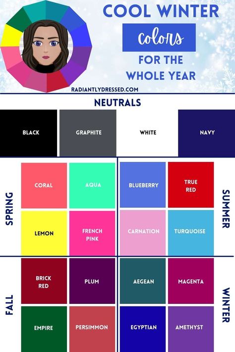 Winter Color Palette Capsule Wardrobe, Color Palette Capsule Wardrobe, Radiantly Dressed, Color Analysis Winter, Season Analysis, True Winter Color Palette, Winter Skin Tone, Radiant Woman, Cool Winter Color Palette