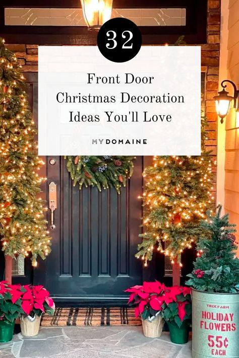 Christmas Trees By Front Door Entrance, Black Front Door Christmas Decor, How To Decorate Front Door Entrance For Christmas, Lighted Garland Around Front Door, Christmas Front Door Ideas Entrance, Front Door Decor For Christmas, Christmas Front Door Decor Entrance Diy, Apartment Door Ideas, Christmas Front Door Ideas