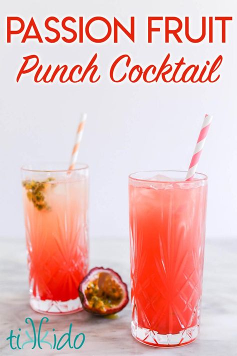 Passion Fruit Punch Cocktail Recipe | Tikkido.com Passion Fruit Puree Cocktails, Passion Fruit Ciroc Recipes, Passion Fruit Vodka Cocktail, Passionfruit Cocktail Recipes, Ciroc Passion Drink Recipes, Halloween Fruit Punch, Passion Fruit Cocktail Recipes, Fruit Punch Recipes, Fruit Punch Cocktail