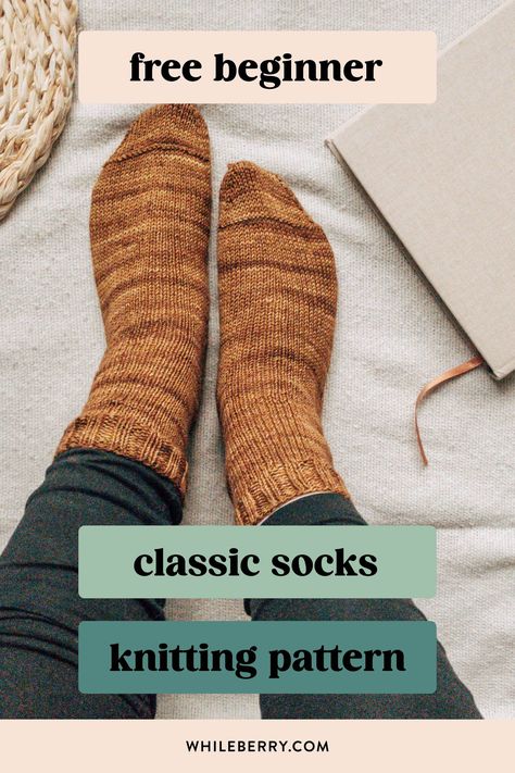 Get inspired by this free basic sock knitting pattern and hand knit your own socks! Use this easy pattern and 4 ply wool to knit these cozy top down socks in your favorite colors. This beginner friendly pattern is perfect for you if you've been wanting to knit your own socks! Find this free knitting pattern at whileberry.com. Basic Knit Sock Pattern Free, Knitting Patterns Socks Free, Basic Socks Knitting Pattern, Easy Sock Knitting Patterns Free Beginner, Easy Knitted Socks Free Pattern, Free Beginner Sock Knitting Pattern, Free Knitting Socks Pattern Easy, Knitting Patterns Free Socks Beginner, Beginner Knitted Socks