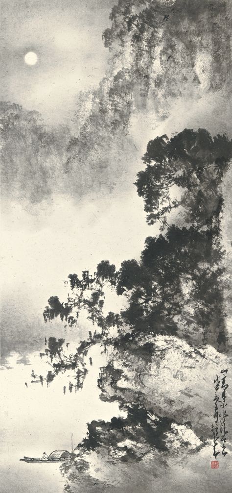 Zhao Shao'ang (趙少昂) (born 1905, Guangdong – 1998 Zhang Daqian, Japan Painting, Art Chinois, Chinese Landscape Painting, Chinese Art Painting, Asian Painting, Tinta China, Chinese Landscape, River Bank