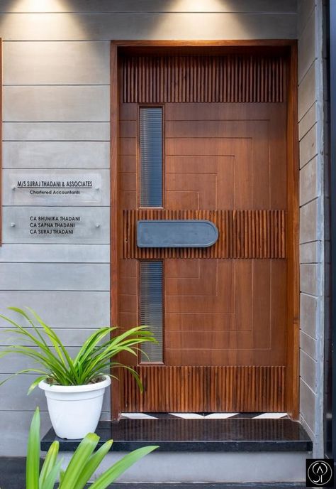 Office Design and Space Planning followed by Unique Artistic Outlook in this C.A Firm  | Studio Ankit Pahuja - The Architects Diary Aesthetic Door, Door Aesthetic, Door Painting, House Main Door, Modern Entrance Door, Front Wall Design, House Main Door Design, Main Entrance Door Design, Main Entrance Door