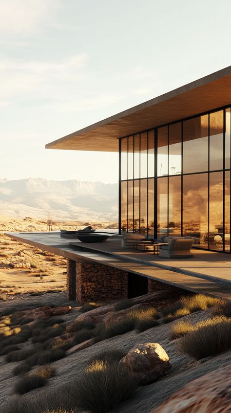 Modern Desert Home Overlooking Landscape Modern Desert Architecture, Desert House Interior, Desert Minimalism, House Desert, Desert Living Room, Modern Desert Home, Desert Hills, Desert Boho, Modern Desert