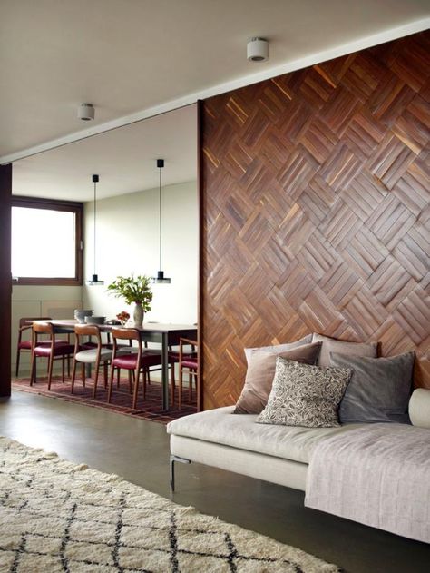 Retrouvius, Lauderdale Tower, Barbican, London, sliding parquet partition, 1954 JL Moller Model 75 chairs, Moroccan rug, Remodelista Minimalism Interior, Parquet Flooring, Wall Treatments, Wooden Wall, Wood Paneling, Wood Wall, Wall Design, Modern Decor, The Wall