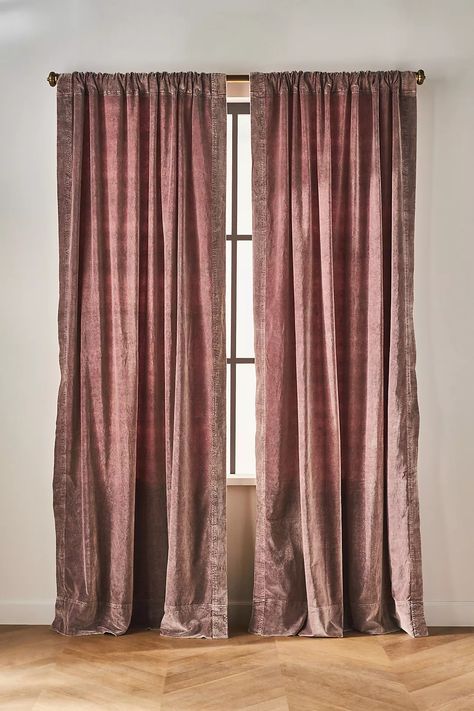 Velvet Trova Curtain | Anthropologie Mauve Curtains, Mauve Velvet, Unique Curtains, Velvet Drapes, Striped Curtains, Curtain Hardware, Home Styling, Home Curtains, Velvet Curtains