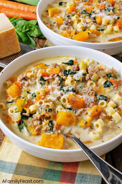 Roasted Butternut and Sausage Soup - A Family Feast Mediterranean Diet Soup Recipes, Butternut Squash Sausage Soup, Butternut Squash Dinner, Butternut Squash Sausage, Butternut Squash Sweet, Sausage Soup Recipes, Roasted Butternut Squash Soup, Sweet Italian Sausage, Sausage Soup