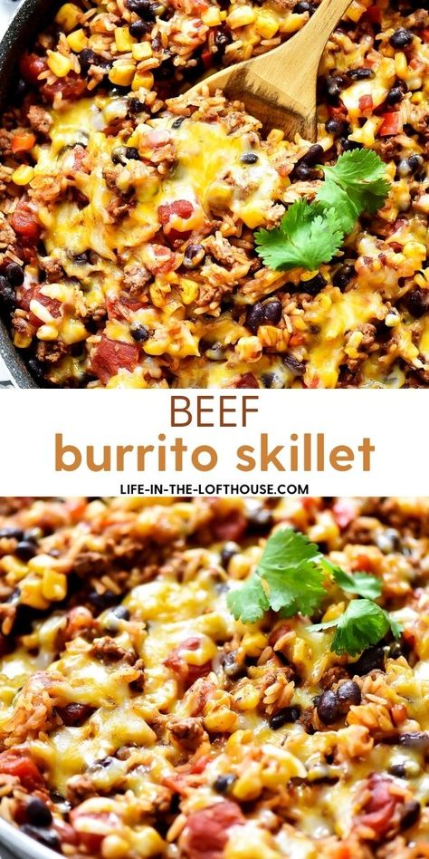 Healthy Ground Beef Mexican Recipes, Ground Beef Burrito Skillet, Southwest Ground Beef Skillet, Hamburger Burrito Bowl, Burrito Bowl With Ground Beef, Burrito Bowl Recipe Beef, Burrito Ideas Dinners, Ground Beef And Jasmine Rice Recipes, Hamburger Burrito Recipe