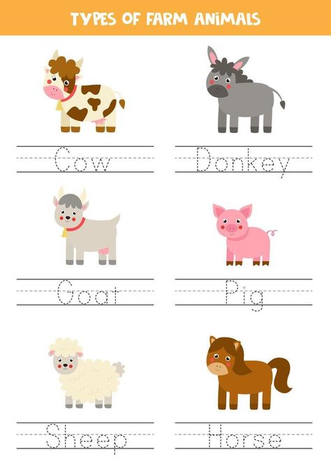 Tracing names of farm animals. Writing practice. Zoo Animals Preschool, Animal Writing, Name Paintings, Abc Worksheets, Name Tracing, Animal Worksheets, Tracing Worksheets Preschool, Barnyard Animals, Preschool Songs