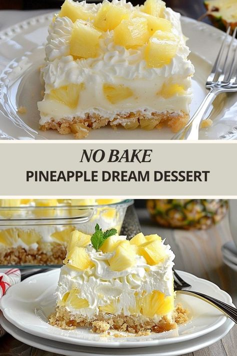 NO BAKE PINEAPPLE DREAM DESSERT No Bake Yum Yum Dessert, No Bake Pineapple Dream Dessert Recipe, No Bake Pineapple Cream Dessert Recipe, No Bake Pineapple Coconut Bars, Summer Time Desserts No Bake, Luau Theme Desserts, Pineapple Delight Dessert No Bake, No Bake Pineapple Cream Dessert, Lush Cakes Dessert Recipes