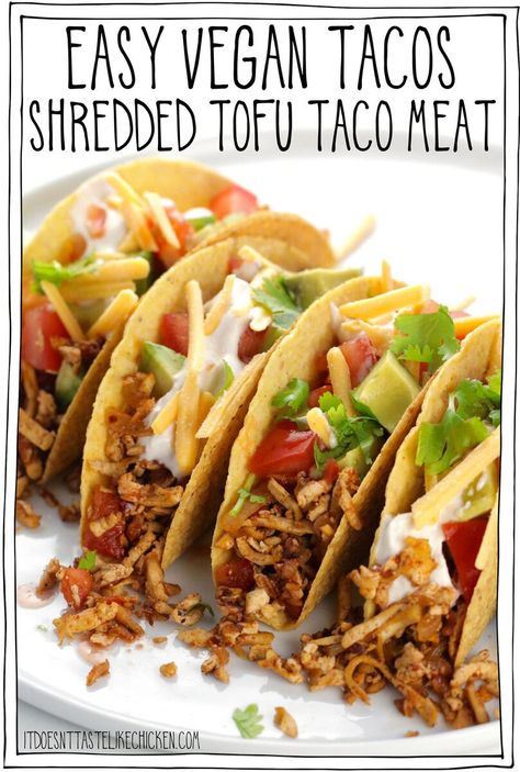 Easy Vegan Tacos: Shredded Tofu Taco Meat • It Doesn't Taste Like Chicken Grated Tofu Tacos, Shredded Tofu Tacos, Vegan Taco Bar, Tofu Tacos Recipes, Shredded Tofu Recipe, Tofu Taco Meat, Grated Tofu, Vegan Taco Meat, Shredded Tofu