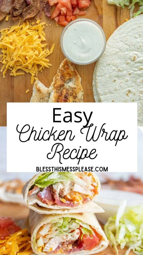 Easy chicken wraps with bacon and ranch are made with tortillas, lettuce, tomatoes and more. You'll love how fast this meal is and your whole family will love it too. Healthy Vegetarian Sandwich Recipes, Chicken Wrap Recipes Easy, Easy Chicken Wrap, Chicken Wraps Healthy, Chicken Breast Sandwich, Chicken Bacon Ranch Wrap, Grilled Chicken Wraps, Wraps Recipes Easy, Vegetarian Sandwich Recipes