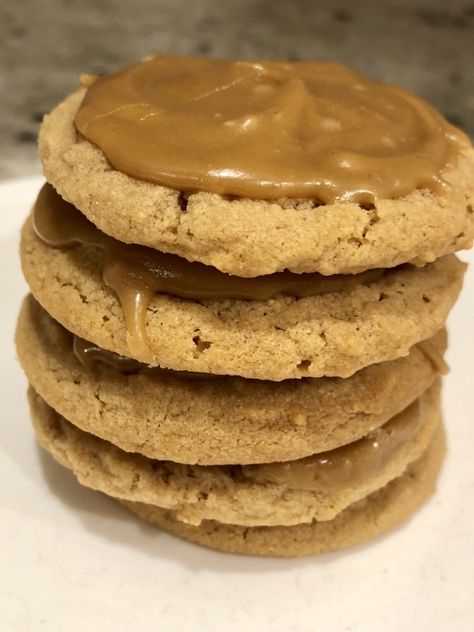 Glazed Peanut butter Cookies moist and deliscious! Peanut Butter Cookie Frosting, Peanut Butter Cookie Topping, Peanut Butter Cookies With Icing, Peanut Butter Icing For Cookies, Peanut Butter Cookies With Choc Frosting, Peanut Butter Cookies With Frosting, Peanut Butter Glaze Icing, Gourmet Peanut Butter Cookies, Frosted Peanut Butter Cookies