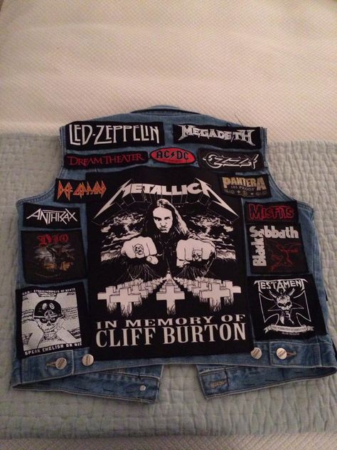 The back of my finished battle jacket m/ Back Of Battle Jacket, Metallica Battle Jacket, Metalhead Battle Jacket, Battle Jackets Metal, Battle Jacket Ideas Metal, Battle Jacket Back Patch, Battle Jacket Patches, Metalhead Jacket, Battle Vest Ideas