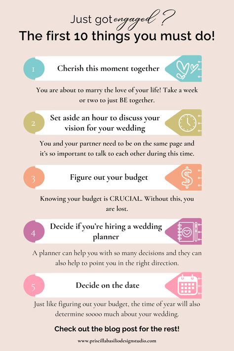 Feeling overwhelmed and confused about what to do after getting engaged? Wedding planning can be a lot. Check out our blog post for wedding planning tips like: the first 10 things you MUST do! Things To Do After Engagement, Engagement Checklist Things To Do, After Engagement What To Do, What To Do After Getting Engaged, What To Do After Engagement, Engagement To Do List, Engagement Timeline, After Engagement, Destination Wedding Budget