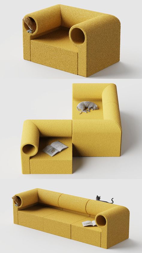 Modular Aisle Sofa Doubles as Play Tunnel Addressing Your Cat’s Curiosity Modular Furniture Design, Pet Friendly Furniture, Cat Furniture Design, Modular Sofa Design, Play Tunnel, Modern Sofa Designs, Enjoy The Moment, Cat Condo, Cat S