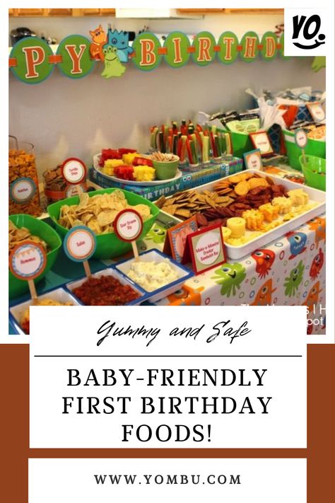 Planning a first birthday party and wondering what foods to serve? These baby-friendly options are sure to please even the pickiest of eaters! From applesauce to sandwiches, crackers to popsicles, there's something for everyone. Check out these ideas to ensure your little one's celebration is a hit! #FirstBirthday #BabyFriendlyFoods #PartyMenu #KidApproved #HealthyEating #YombuParty #PartyIdeas #birthday #inspiration #kidsparty #yombu 1st Birthday Snacks Ideas, Food Options For Birthday Party, Good For 1st Birthday Party, Food Ideas 1st Birthday Party, First Birthday Party Lunch Ideas, Cheap First Birthday Food, 1 St Birthday Party Food Ideas, 1st Birthday Meal Ideas, One Year Birthday Food Ideas