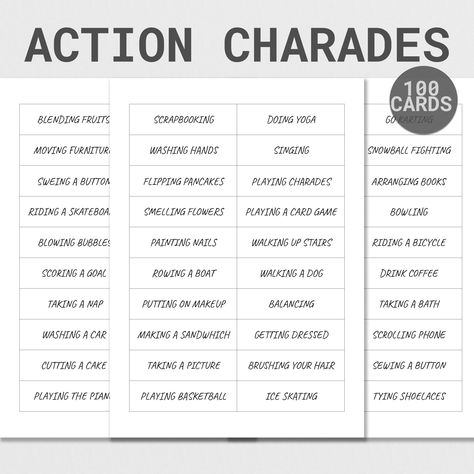 Printable Charades Game | Family Charades Game | Printable Charades For Kids and Adults | Family Game Night | Group Acting Game | Group Game Charades? Non-verbal communication and picture guessing, where players guess the objects shown on the cards based on non-verbal expressions - facial expressions, gestures, movements, etc. The goal is to guess as many of the depicted objects as possible. This printable charades game will add some fun and laughs to your party! It will make a great addtion to Family Vacation Games For Adults, Reverse Charades Word List, Words For Charades, Charade Ideas Funny, Kids Charades, Charades For Adults, Family Charades, Charades Word List, Reverse Charades