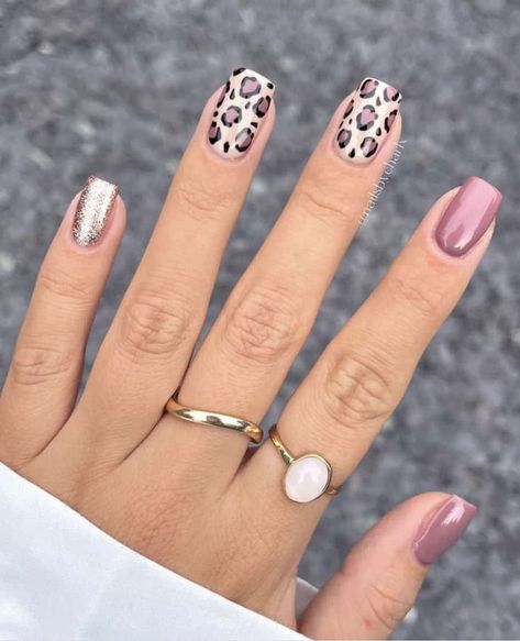 Matt Mauve Nails, Pink And Gray Leopard Nails, Mauve Pink Nails Design, Pink Mauve Nails, Mauve Nails With Glitter, Mauve Nail Ideas, Mauve Nails Design, Mauve Pink Nails, Pink Animal Print Nails