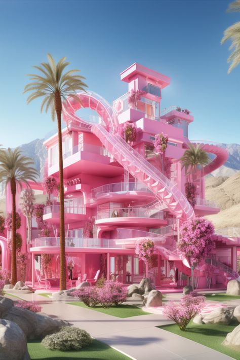 We asked AI to generate images of what it'd look like if Coachella built a Barbie Dream House inside the festival. What do you think, would you want to tour these? Barbie Characters Dream House, Dream House Inside, Pink Barbie House, Barbie Movie Dream House, Pink Barbie Dream House, Barbie Glam Vacation House, Original Barbie Dream House, Barbie Birthday Party, Pink Life