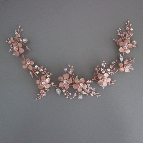 Bridal flower hair vine, Wedding flower garland hair piece, Rose gold flower crown, Bride floral headpiece, floral branch hair accessories Rose Gold Flower Hair Piece, Headpiece Hijab, Paint Ideas 2023, Gold Flower Crown, Handmade Bridal Hair Accessories, Nails Paint, Flower Garland Hair, Rose Gold Hair Vine, Bohemian Headpiece