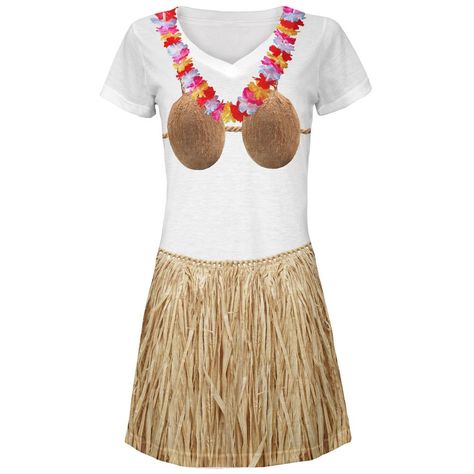 Amazon.com: Coconut Bra Grass Skirt Hula Girl All Over Juniors V-Neck Dress: Clothing Coconut Bra, Luau Outfits, Bra Outfit, Grass Skirt, Coverup Beach, Hula Girl, Spirit Wear, Dress Gift, Off White Color