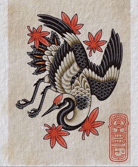 Japanese Crain Birds Tattoo, Crane Japanese Art, Traditional Japanese Bird Tattoo, Japanese Traditional Crane Tattoo, Bird Japanese Tattoo, Japanese Sternum Tattoo, Trad Japanese Tattoo, Crane Japanese Tattoo, Crane Tattoo Japanese