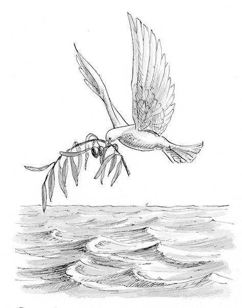 Genesis 8:11 Illustration - Dove and Olive Branch | Saint Mary's Press Genesis Illustration, Bible Story Art, Dove Olive Branch Tattoo, Two Doves Drawing, Dove And Olive Branch Tattoo, Bible Story Drawings, Dove Carrying Olive Branch Tattoo, Dove And Olive Branch, Dove With Olive Branch Tattoo