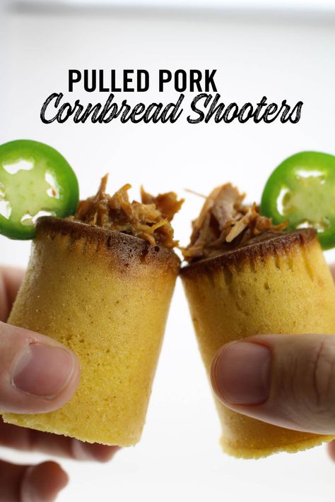 Pulled Pork Cornbread Shooters Recipe | Dude Foods | Best BBQ Appetizers To Cook For Parties | Impressive Party Foods | BBQ Favorites Country Appetizers, Pulled Pork Cornbread, Texas Recipes, Country Bbq, Pork Pulled, Best Bbq Recipes, Shooter Recipes, Dude Food, Bbq Appetizers