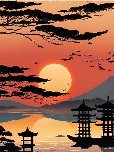 Decorative painting of Japanese sunset landscape to print and decorate the walls of your home made with artificial intelligence in jpg format. Japanese Sunset Painting, Building Murals, Japanese Sunset, Wedding Planning Checklist Printable, Garden Painting, Sunset Landscape, Wedding Planning Checklist, Sunset Painting, Portfolio Templates