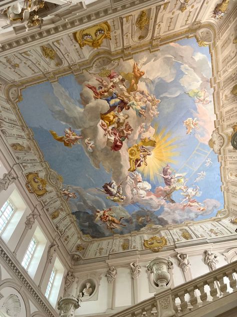 Art Ceiling Design, Paintings On Ceilings, Italian Ceiling Art, Castle Ceiling Aesthetic, Angelic House Aesthetic, Roman Ceiling Design, Painted Roof In Bedroom, Cathedral Ceiling Painting, Pretty Ceilings